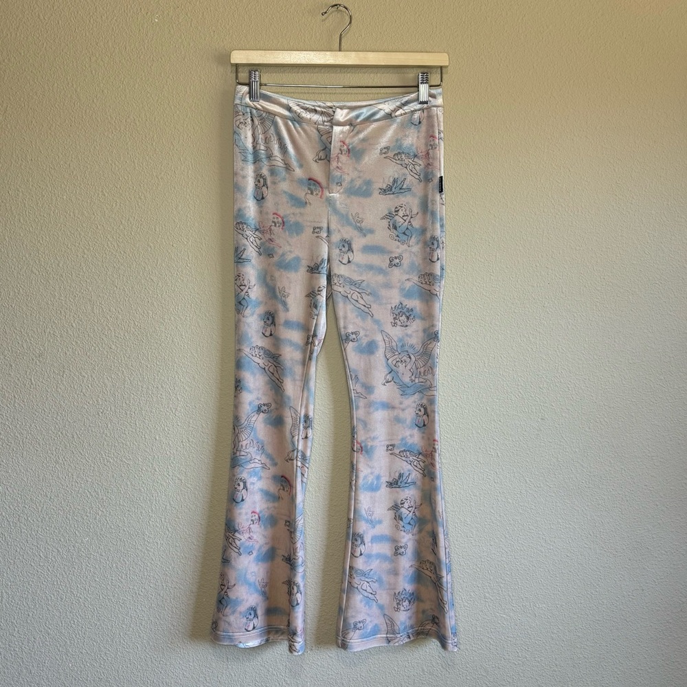 Zemeta pants women small velvet angel pastel bell bottom cream & blue